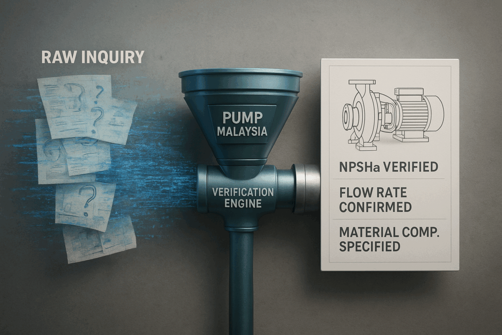 PumpMalaysia technical verification process illustrating the transformation of vague industrial inquiries into verified, qualified pump specifications (NPSHa, flow rate, material) for B2B sourcing in Malaysia.