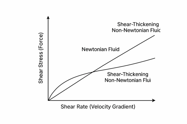 Rheological behavior graph showing shear stress versus velocity gradient, illustrating the fundamental performance differences between Newtonian fluids, shear-thinning Non-Newtonian fluids (e.g., paint, POME), and shear-thickening fluids (e.g., sludge).