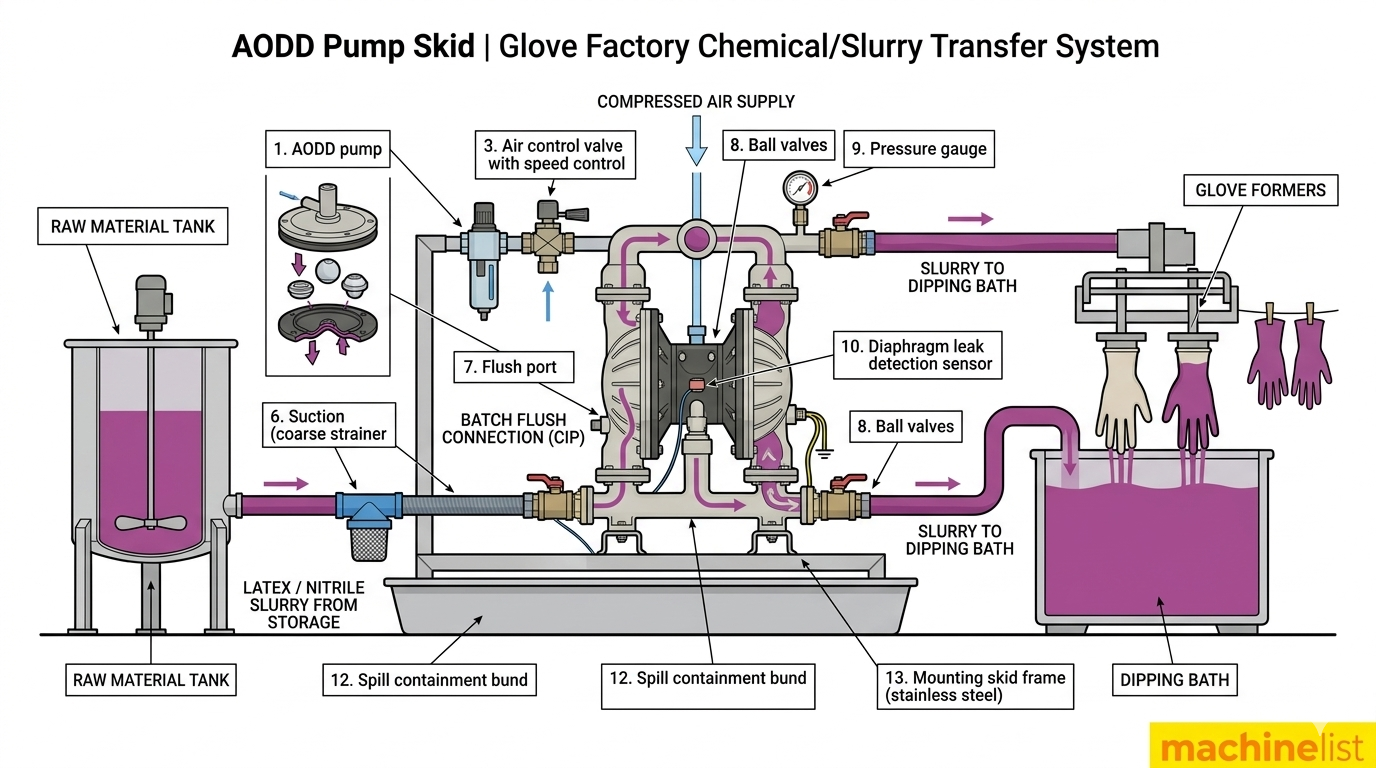 Industrial AODD Pump Skid for Chemical Slurry Transfer - Glove Factory Malaysia.