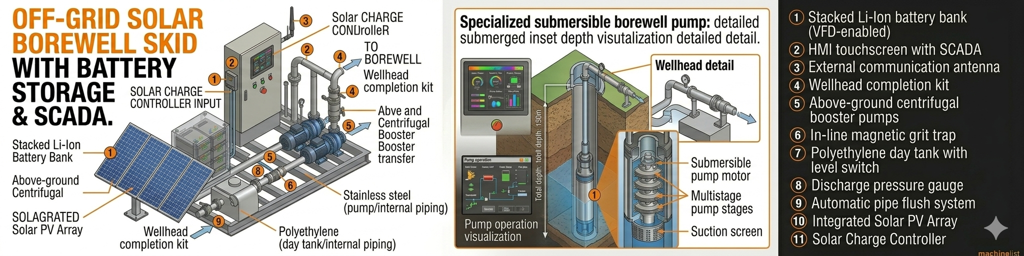 Off-Grid Solar Powered Borewell Pump Skid with integrated SCADA and Li-Ion Battery Storage for automatic water sourcing in Malaysia