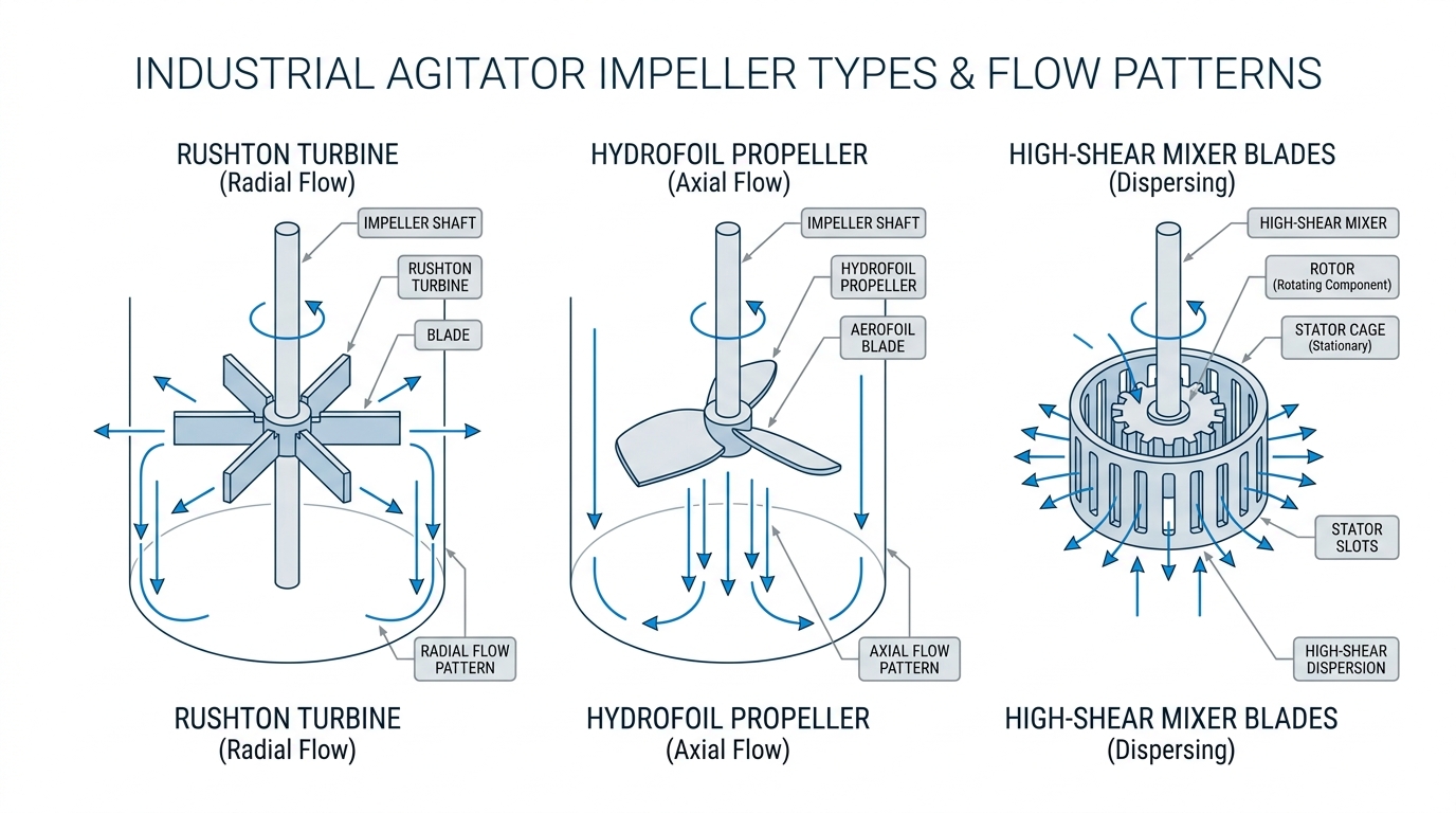 Industrial agitator impellers showing radial flow Rushton turbine, axial flow hydrofoil propeller, and high shear disperser blade flow patterns
