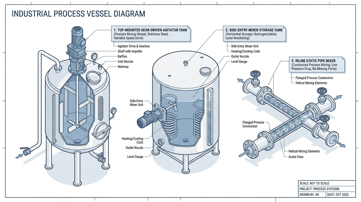 Diagram of industrial process vessels showing top mounted gear driven agitator tank, side entry mixer storage tank, and inline static pipe mixer