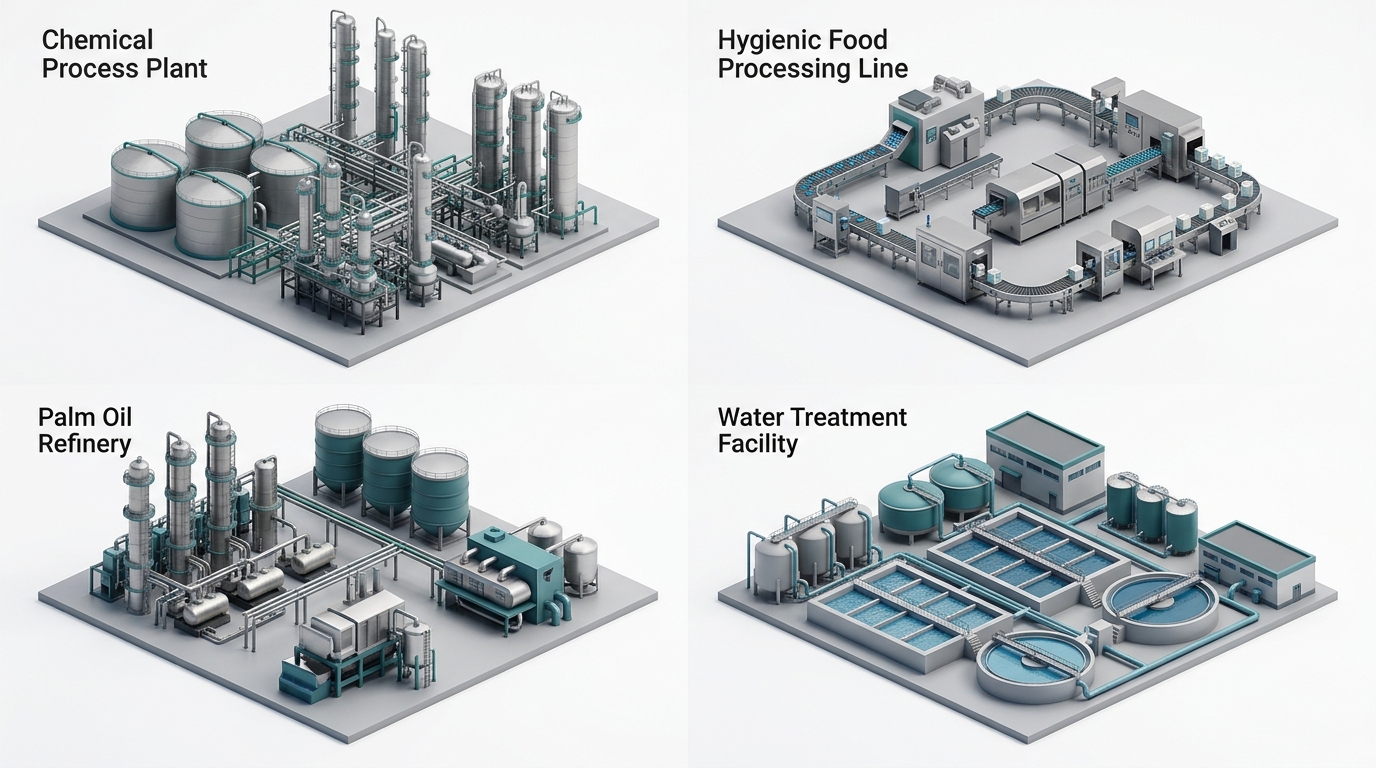 Isometric 3D render showing industrial mixing applications across chemical process plant, hygienic food processing line, palm oil refinery, and water treatment facility
